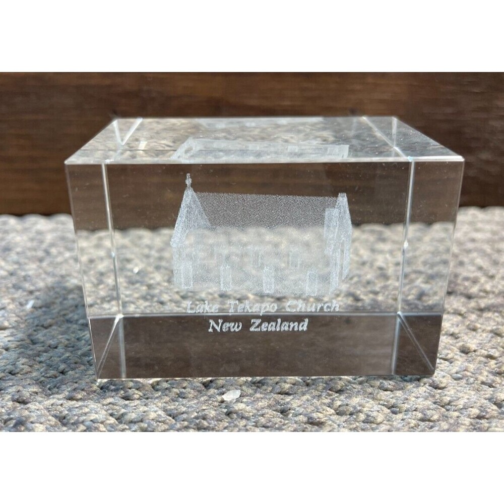 New Zealand Lake Tekapo Church Crystal Laser Art Paper Weight 2.5” w/Wood Box
